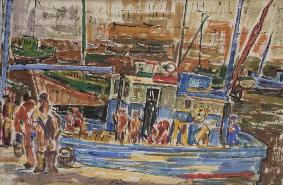 Charles TCHERNIAWSKY (1900-1976)
Port de pêche animé 
Aquarelle et gouache sur papier. 
Signée en bas à gauche. 
36 x 54 cm