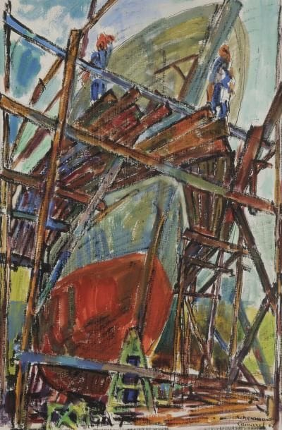 Charles TCHERNIAWSKY (1900-1976) 
Chantier à Camaret (bateau au radoub), 1962 
Aquarelle et gouache sur papier. 
Localisée et datée, contresignée et titrée au dos. 
55 x 37,5 cm