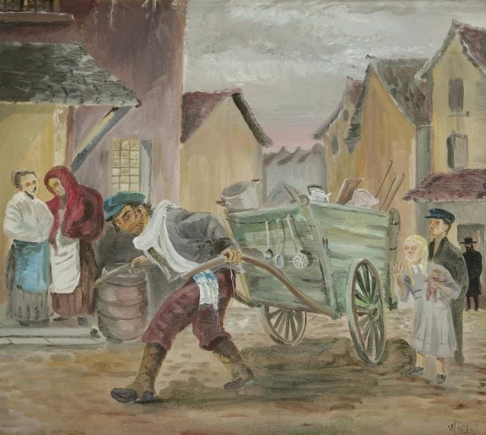 WOLF (XXe siècle) 
Le Colporteur juif - La Vendeuse de Papiroshl
Deux huiles sur panneau. 
Signées.
40 x 45 cm et 26 x 27 cm