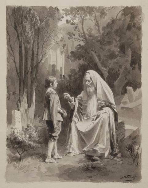 Jules WORMS (1832-1924) 
Rabbin et jeune enfant 
Lavis d’encre. Signé en bas à gauche. 
35,5 x 25 cm

Dessin original pour la lithographie du récit intitulé Loué soit Dieu qui nous a donné la mort, Sacher Masoch, Contes Juifs. Maison Quentin, Paris, 1888, p. 131.