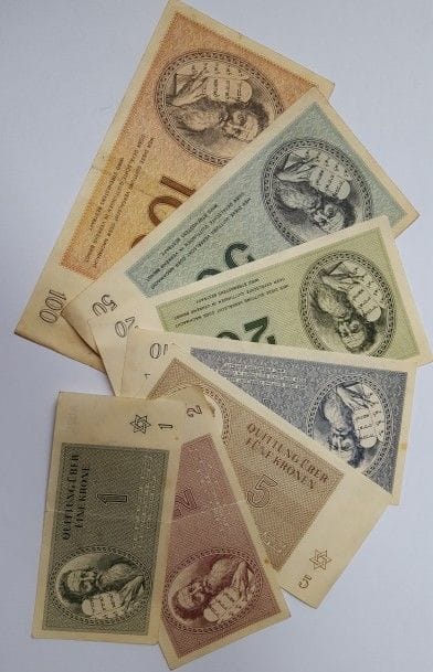 Lot de 7 billets du camp Theresienstadt 1943 (1, 2, 5, 10, 20, 50, 100 kronen).



