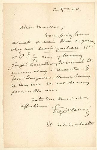 Eugène DELACROIX (1798-1863). L.A.S., 5 novembre [1845 ?] ; 1 page in-8 (contrecollée sur page in-4).
   Invitation à « venir dîner en garçon chez moi mardi prochain 11 c. à 6 h½. Vous y trouverez j’espère Varcollier, Mérimée &c. que vous aimez à rencontrer. Je serai bien personnellement heureux de vous voir. Un mot de vous pour me dire oui »... Il donne son adresse « 58 r. n-d. de Lorette ».
