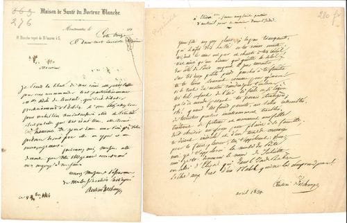 Antoni DESCHAMPS (1800-1869). Poème autographe signé, et L.A.S., 1830-1844 ; 1 page petit in-4, et 1 page in-8 à en-tête Maison de Santé du Docteur Blanche, adresse.
   Poème de 20 vers, à Élisa, jeune anglaise partie d’Auteuil pour se marier dans l’Inde, daté d’avril 1830 :
                                      « Jeune fille aux yeux clairs, à la peau transparente,
                                          Qui laisse voir la vie en tes veines errante »...
   Montmartre 8 novembre 1844, à Bocage, lui recommandant Mlle Adèle de Courteil, « qui va débuter prochainement à l’Odéon. [...] Votre présence serait pour elle un appui et un encouragement »...
