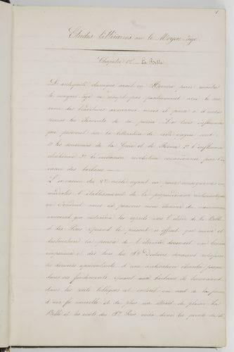 Éva Gonzalès (1849-1883) peintre, amie et élève de Manet ; elle épousa (1879) le peintre-graveur Henri Guérard. Manuscrit autographe signé « Eva Gonzalès », Études littéraires sur le Moyen Âge ; volume in-8 de 210 pages, cartonnage d’époque dos basane noire (dos restauré).
   Rare manuscrit de jeunesse (Éva Gonzalès mourut à l’âge de 34 ans).
   Cahier de cours ou de notes de lecture, signé en fin, rassemblant des textes sur les origines bibliques de notre littérature, la littérature sous Charlemagne, la scolastique (Abélard), les poésies des bardes, les jongleurs, les trouvères, les romans allégoriques (Roman du Renard, Roman de la Rose), les mystères, miracles et pastorales, les chroniqueurs (Villehardouin, Joinville)… Quelques aperçus des littératures espagnole et italienne, de l’architecture médiévale ; tableau des Croisades.
   On joint un poème autographe signé par Auguste Lefebvre, dédié A Mlle Eva Gonzalès.
