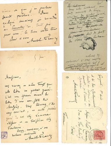 Anatole France (1844-1924). 4 L.A.S. (dont une carte postale), et un manuscrit autographe avec dessin, 1892-1913 et s.d., à divers ; 7 pages in-8 dont une à son chiffre et une carte postale avec adresse.
   30 décembre 1892, [à Pingard, secrétaire de l’Institut] : « J’acquitte ma dette sacrée. Je vous envoie un exemplaire d’Abeille et j’y ajoute mille compliments empressés »... [Girgenti 1er avril 1913], carte postale à son ami Noël Charavay : « Accablé de fatigue et de sommeil, je t’écrirai à Syracuse ». S.d., [1876 ?, à Catulle Mendès]. « Dites à Maurice [Barrès] que j’ai pour lui tous les sentiments que doit inspirer un vieux maître excellent, que je pense de son livre le bien que vous en pensez vous-même et que j’en parlerai samedi prochain. Dans quelques semaines je reviendrai à Parnasse et, tant pis pour vous ! Ce sera votre tour »... 5 juin, [à G. Aurier ?], envoi de son portrait gravé : « C’est une épreuve avant la lettre d’une eau-forte de Monziès » ; il existe deux autres portraits de lui chez Lemerre et chez Fontaine... – Brouillon pour le récit de Komm l’Atrébate (paru dans Clio en 1900) : « Leurs tribus habitaient, aux bords mouvants des larges rivières, des enclos formés par des abattis d’arbres au milieu des marais, dans le fond des forêts de chênes et de bouleaux. – Komm était fier »..., avec un petit dessin à la plume (tête de femme).
