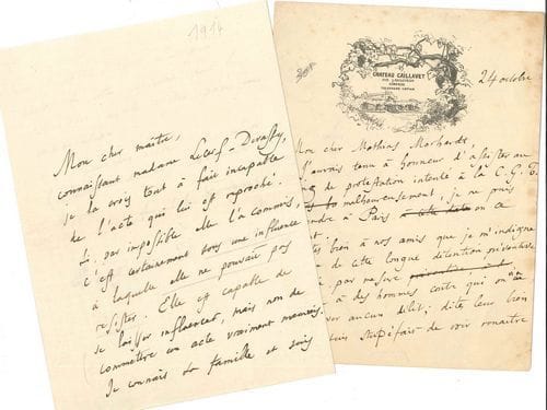 Anatole FRANCE. L.A.S. et L.A. (minute), 1914 et s.d. ; 3 pages et demie in-12, la 2e avec vignette du Château Caillavet.
   Paris 20 mai 1914, à un avocat, en faveur de Mme Lecerf-Devasty : « je la crois tout à fait incapable de l’acte qui lui est reproché. […] Elle est capable de se laisser influencer, mais non de commettre un acte vraiment mauvais ». Il est disposé à témoigner en sa faveur... 24 octobre [1919 ?], à Mathias Morhardt : « J’avais tenu à honneur d’assister au meeting de protestation intenté à la C.G.T. Malheureusement je ne puis me rendre à Paris. Dites bien à nos amis que je m’indigne avec eux de cette longue détention préventive infligée par une force politique à des hommes contre qui on n’a pu relever aucun délit ; dites-leur bien que je suis stupéfait de voir renaître ces monstrueuses accusations de complicité morale, que nous pensions ne plus revoir. [...] L’organisation saisissante du prolétariat est déjà assez forte pour résister à plus d’un procès comme celui-ci ».
