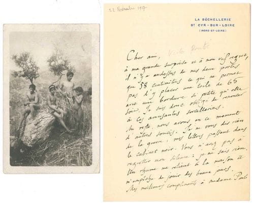 Anatole France. 2 L.A.S., [1917 et s.d.], à Victor Prouté et à Madame ; 1 page et demie in-8 à son adresse, et une carte postale illustrée avec adresse.
   La Béchellerie [22 novembre 1917]. « À ma grande surprise et à mon vif regret, il n’y a au-dessus de mes deux portes que 58 centimètres ce qui ne permet pas d’y placer une toile de 65 avec une bordure si petite qu’elle soit. Je suis donc obligé de renoncer à ces amusantes sorcelleries. Au reste, nous avons en ce moment d’autres soucis. Je ne vous dis rien de la guerre : mes lettres passent dans le cabinet noir. Vous n’avez pas à regretter mon silence : je ne sais rien »... [Taormina 10 avril], carte postale (photo de jeunes gens par W. von Gloeden) à Mme Prouté. « Je m’aperçois que j’ai emporté votre parapluie dans ce pays charmant où il pleut quelquefois. Je crains qu’il n’en revienne un peu malade »...
