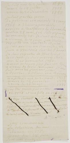 Marie-Thérèse Rodet, Madame GEOFFRIN (1699-1777) femme de lettres et amie des philosophes, elle eut un des salons les plus célèbres de son époque. Note autographe, [vers 1766] ; 1 page in-8 (encre un peu pâle).
   Notice autobiographique, sur 30 lignes. Mme Geoffrin a inscrit les dates de sa naissance (2 juin 1699), de son mariage (14 juillet 1713), celle de la mort de son mari (20 décembre 1749)… Une grande partie du document est consacrée à son voyage en Pologne, à la cour de Stanislas Poniatowski : partie le 21 mai 1766, elle était de retour le 10 novembre après s’être arrêtée, à l’aller et au retour, à Vienne. 
   Après trois lignes à propos de sa fille, la marquise de La Ferté-Imbault, elle note : « J’ay etée peinte par Nattier en 1738 et ma fille en 1740 […]. J’ay commencee la collection de mes tableaux en 1750, ils ont tous été faits sous mes yeux »… Quelques lignes biffées, écrites par une autre main, probablement celle du marquis d’Estampes, cousin de Mme de La Ferté-Imbault, précisent : « Ces deux portraits qui sont beaux sont dans la chambre à coucher de ma femme. Mme de la Ferté Imbault tenant un masque à la main, vetue d’un domino de bal ».
