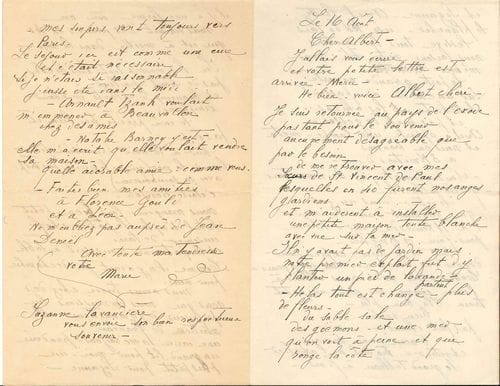 Marie LAURENCIN (1883-1956). L.A.S. « Marie », [Les Moutiers-en-Retz] 16 août [1949], à Albert Flament ; 4 pages in-8, enveloppe.
   Elle retrouve aux Moutiers « mes sœurs de St-Vincent de Paul lesquelles en 40 furent nos anges gardiens et m’aidèrent à installer une petite maison toute blanche avec vue sur la mer. [...] Hélas tout est changé – plus de fleurs – du sable sale – des goëmons »... Elle visite Noirmoutier et Pornic et doit rentrer à Paris dans une semaine : « travail à l’atelier le grand tableau à finir ». Les messes sont très belles, elle mange bien, est bien logée : « Le séjour est ici comme une cure et c’était nécessaire. Si je n’étais si raisonnable j’eusse été dans le mur ». Elle évoque Natalie Barney qui est à Beauvallon : « quelle adorable amie, comme vous ». Elle prie de faire ses amitiés à Florence Gould et Jean Denoël...
