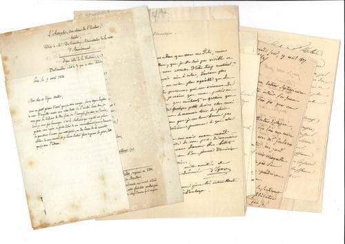 LITTÉRATURE. 38 lettres ou pièces, la plupart L.A.S., 1812-1921
   Vicomte d’Arlincourt, Jacques Ancelot, François Andrieux, Jean-Nicolas Bouilly, Paul Bourget, Eugène Briffault, Champfleury, Louis de Cormenin, Isidore de Courville, Casimir Delavigne, Albert Delpit, Théophile Dumersan, Marc-Antoine Désaugiers (défaut), Jean-Baptiste Violet d’Épagny, Reine Garde (poème), Étienne de Jouy, Paul Lacroix, Félicité de Lamennais, Antoine-François Le Bailly (avec poème), Élisa Mercœur, Henri Mondor (6), Henry Monnier, Mélesville, Anna de Noailles, Georges Ohnet, Balisson de Rougemont, James Rousseau (poème), Eugène Scribe, Frédéric Soulié, Eugène Sue, Jean-Pons Viennet, Abel Villemain, Constantin Volney. Plus 2 cartes de visite de J. Bainville et H. Bordeaux.
