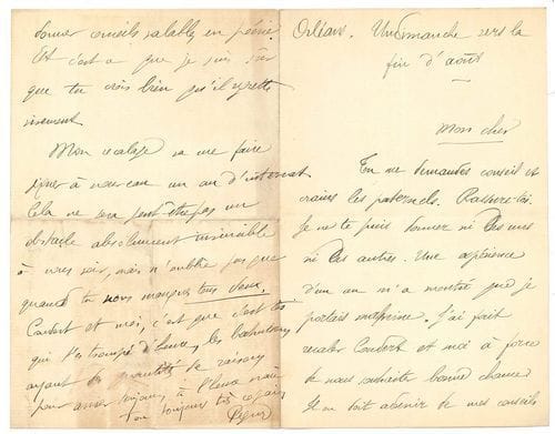 Charles Péguy (1873-1914). 12 L.A.S., Orléans et Paris 1890-1893, à son camarade de classe et ami Paul Meunier ; 37 pages in-8 ou in-12 (quelques petites fentes réparées).
   Lettres de jeunesse du lycéen puis de l’étudiant Péguy à son condisciple et ami Paul Meunier (1873-1957, futur aliéniste et poète, sous le pseudonyme de Marcel Réja, natif de Puiseaux, Loiret).
   Orléans 6 janvier 1890. « Tu tombes joliment mal. Je suis en pleine influenza [...]. Je suis au désespoir de ne pouvoir t’envoyer l’histoire de seconde mais je ne l’ai pas. Elle a disparu dans la débâcle du départ. [...] Tu vas être forcé de ne rien faire. Tant pis pour le bachot. On devrait cette année le donner d’office à tous les élèves de rhétorique, eu égard aux épidémies multiples qui nous assaillent. Je ne mets pas le nez dehors. On meurt beaucoup à Orléans »... Il s’ennuie un peu en attendant la rentrée... 22 août. Il transmet à son ami les résultats de ses derniers examens scolaires : « J’ai piqué un 3 de laïus, un 2 de version et un 3 d’allemand […] En grec on m’a fait expliquer du Criton. C’était trop facile et je n’ai pu piquer qu’un 3 : d’où le assez bien seulement ». Revenu de Paris la semaine précédente, il n’a goût à rien : « Et puis je suis trop fatigué pour faire même des exercices physiques (style officiel). Je me laisse vivre »... 30 août. Meunier lui a demandé de lui transmettre le plan de son devoir de bachot sur Fénelon : « J’ai partagé mon affaire en deux moitiés inégales ; dans la première qui était la plus courte, j’ai parlé de l’homme d’État ; dans la deuxième, qui était la plus longue, j’ai parlé de l’homme d’Église. [...] Enfin l’idée maîtresse qui réunissait tout cela était que Fénelon n’avait guère péché que par excès d’amour. 1° Envers Dieu, d’où le quiétisme, 2° Envers la royauté qu’il avait voulu protéger contre elle-même. [...] On voit bien que tu es là-bas dans une atmosphère de bachot. Moi je m’ennuie puissamment. Si j’avais su je me serais fait recaler. [...
