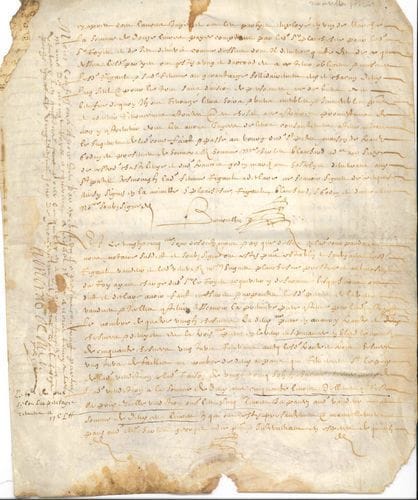 Honorat de Bueil, marquis de RACAN (1589-1670) poète, ami de Malherbe, un des membres fondateurs de l’Académie Française. P.S. « Honorat de Bueil Racan », 20 novembre 1633 ; 4 pages in-4 sur parchemin (taches et mouillures, petits manques à des coins rongés).
   Expédition d’un acte d’acquisition sur échange d’une terre pour l’accroissement d’un clos, dépendant de son fief de La Roche, avec décharge signée par Racan.
