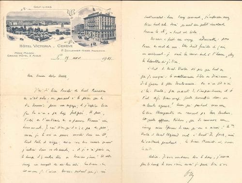 Édouard ROD. 9 L.A.S., Genève 1905-1906, à sa femme Valentine ; 18 pages in-8, 5 enveloppes, quelques papiers à en-tête d’hôtels genevois (quelques rousseurs).
   Lettres à sa femme « Vally » au cours de son voyage avec sa fille Marie en Suisse et en Italie, où il donne quelques conférences.
   Genève 19 novembre 1905. Remerciements pour la préparation des bagages. Il s’inquiète pour son fils qui souffre d’urticaire : « Embrasse-le comme je l’aime. Marie prétend que je suis sentimental [...] je confesse assez bien tout cela »... Le voyage en bateau s’est très bien passé... 25 novembre. Il est consterné d’apprendre que son fils a de nouveaux boutons : « Ne manque pas de m’écrire à Turin si c’est une fausse alerte ou une rechute. Surtout qu’il prenne bien garde de ne pas sortir trop tôt, de ne faire aucune imprudence »... Ses lectures ont assez bien marché : « Elles m’ont plutôt moins ennuyé que je ne le craignais. Mais je déteste donner de ma personne. [...] Certainement j’aurai fait mon Rousseau ; mais je ne le promènerai pas à travers le monde, comme un montreur d’ours. J’ai trop souvent négligé de tirer parti de ces ouvrages : à présent que je vieillis, il faut bien leur faire rendre le peu qu’ils peuvent. […] Nous irons à Turin demain »... 14 janvier 1906. Il espère rentrer dimanche matin, mais il pourrait être retenu par la mauvaise la santé de sa grande amie Marie-Nancy Vuille, qui l’inquiète : « Elle n’a pas d’autres symptômes qu’une fièvre assez intense, qui ne cède à aucune médication [...] Je sais qu’elle attend une courte visite quotidienne, qui lui est bien nécessaire »... 15 janvier. « Nous voilà à notre dernière étape. Le voyage s’est bien passé, bien que Marie soit un peu fatiguée. Pas trace de mal de mer. Et nous trouvons un soleil magnifique. Mais tout de même, ce n’est pas l’Italie. [...] Croyez-moi, c’est Rome qu’elle préfère à tout. Nous sommes partis avec mélancolie »... Trois autres lettres apportent de tristes nouvelles sur la santé de Me
