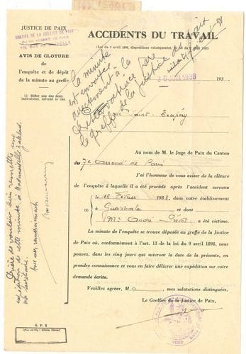 Antoine de SAINT-EXUPÉRY. P.S., 30 juin 1938 ; 1 page petit in-4 en partie imprimée à en-tête Justice de Paix… Accidents du travail, cachet encre du Greffe de la Justice de Paix, adresse au verso.
   Au sujet de l’accident survenu au cours d’une étape lors du raid qui devait relier New-York à la Terre de Feu. [Suite à une erreur lors de la recharge du carburant, le Simoun, trop lourd, s’était écrasé en bout de piste, causant une fracture de la jambe à Prévot et huit fractures à Saint-Exupéry].
   Formulaire de clôture de l’enquête sur l’accident du travail, « survenu le 16 février 1938, dans votre établissement à Guatemala et dont André Prévot a été victime ». En marge, demande signée par Saint-Exupéry de « remettre une expédition de cette minute à Mademoiselle Zaklad, ma secrétaire »...
