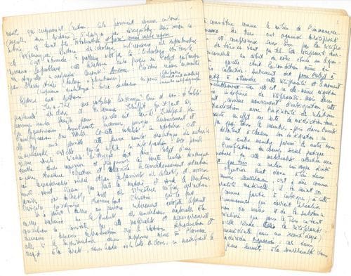 Jean-Paul SARTRE (1905-1980). Manuscrit autographe, [vers 1960] ; 19 feuillets in-4 écrits au recto sur papier quadrillé (quelques légères fentes marginales).
   Fragments de brouillon philosophique, se rattachant au travail pour la Critique de la raison dialectique (1960), restée inachevée.
   Rédigé à l’encre bleue sur papier quadrillé, le manuscrit est incomplet, et il semble y avoir de peu continuité directe d’une page à l’autre. Il pourrait s’agir de pages écartées après réécriture ou nouvelle élaboration. Nous y retrouvons certains des thèmes qui constituent la matière des principaux ouvrages de Sartre : la dialectique matérialiste, la notion de totalité, l’étude du collectif et de l’individualité, la lutte des classes, l’« humanisme du travail », le marxisme, une critique de Pierre Naville, qui fut le principal contradicteur de Sartre en 1945 lors de la conférence L’Existentialisme est un humanisme, puis en 1956, lors du débat ouvert par la crise du Parti Communiste et les tentatives pour former un front commun de la gauche… Nous n’en reproduirons ici que quelques extraits.
   « Y a-t-il une totalité historique ? Oui et non : totalité matérielle des choses et des hommes. Il suffit qu’il y ait des hommes sur la planète pour qu’elle ait existé. [...] Et cette totalité se totalise. C’est elle qui rend possible cette fausse unité dialectique des activités individuelles, c’est elle qui la reflète en intégration. De ce point de vue toute réalité historique doit faire l’objet d’une double étude régressive et progressive [...] On pourra autrement adopter le point de vue marxiste sur la faculté des conditions matérielles à la condition de constater que cette matérialité est nécessairement humaine : le mode de production crée les relations de production et celles-ci les superstructures dans la mesure même où l’homme réagit à la rareté, dans le cadre de la lutte des classes [...] Si l’on amorce une enquête, par exemple, sur le comportement de telle ou telle cat