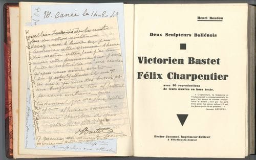 [Victorien BASTET (1852-1905) sculpteur]. 4 L.A.S. de sa veuve, née Juliette Delorme, Alger 1948-1950, à une amie [Mme Chambon-Laget] ; 4 pages in-4 chaque (on joint 2 cartes de visite autogr. de son fils André ou de Madame).
   Lettres affectueuses et pieuses à une amie. On joint : Deux sculpteurs bollénois. Victorien Bastet. Félix Charpentier d’Henri Boudon (Villedieu-du-Comtat, Hector Jacomet, 1934, relié) avec envoi de Mme Bastet.
