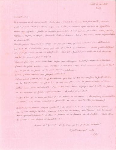 Hans BELLMER (1902-1975). L.A.S., Revel 11 septembre 1945, [à Joe Bousquet] ; 1 page in-4 sur papier fin rose remplie d’une petite écriture serrée.
   Sur ses projets de livres. « Dès le moment où je vous ai quitté, l’autre jour, […] ma vie a été sens dessus dessous : pensez ce que c’est d’être, de nouveau après six ans de séparation, parmi mes affaires : photos en couleurs immenses, livres qui me sont chers, notes, dessins, tableaux, objets, la Poupée, vêtements d’elle et d’autres, lettres, souvenirs, choses impondérables et émouvantes. J’ai dû passer trois jours à Castres. Et, avec tout cela, je suis accroché avec obstination au texte de L’Anatomie, pour que cela se termine finalement. Mais quelle difficulté, mon français raide et artificiel. Tant pis, faisons une vertu de cette faiblesse, me dis-je pour ne pas désespérer. Quand j’ai reçu et lu votre texte exquis qui inaugure la Justification de la Sodomie, j’avais de quoi nourrir mon désespoir individuel : oui, c’est comme cela qu’il faut que la pensée se pense et le mot s’écrive, aisément. (Moi j’écris comme une poupée articulée). C’est un grand enthousiasme et je suis heureux que vous voulez me confier la publication de la “Justification” amplifiée. Ce sera un document de premier ordre et d’une portée encore mal calculable. J’aimerais vous dire : négligez tout le reste en faveur de cet ouvrage-confession-expérimentale. La poésie est un fait. Aujourd’hui je ne vous parlerai pas en détail de vos pages. (La question “musculature et vision” est d’une importance première et sera à contrôler très froidement) »... [Ce projet d’ouvrage n’aboutira pas.] Il espère continuer à le voir à Carcassonne, où M. Toulzet, un ancien camarade d’école de Bousquet, lui a demandé d’exécuter le portrait de sa femme et de sa fille...
