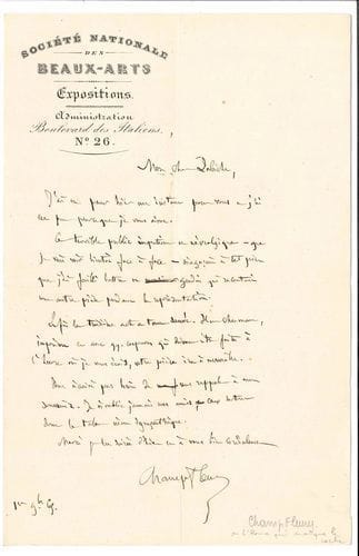 Jules Husson, dit CHAMPFLEURY (1821-1889). L.A.S., 1er novembre 1865, à Eugène Labiche ; 1 page in-8 à en-tête de la Société Nationale des Beaux-Arts.
   [Au lendemain de la première de L’Homme qui manque le coche.] « Ce terrible public impatient et névralgique – que je vais bientôt avoir face à face – m’agaçait à tel point que j’ai failli battre un gandin qui racontait une autre pièce pendant la représentation. Enfin le troisième acte a tout sauvé. Il est charmant, imprévu et avec qq. coupures [...] votre pièce ira à merveille »...
