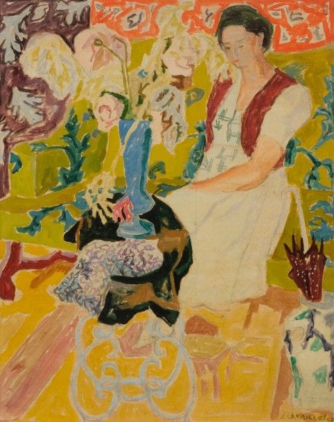 Jules CAVAILLÈS (1901-1977)
Femme assise au guéridon et bouquet, 1944
Huile et gouache sur papier.
Signée et datée en bas à droite.
57.5 x 45.5 cm
Cette œuvre est répertoriée au Jules Cavaillès Research Center.