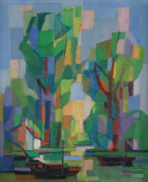 Jean CHEVOLLEAU (1924-1996)
Les Peupliers
Huile sur toile.
Signée en bas à droite.
Signée et titrée au dos.
54 x 46 cm