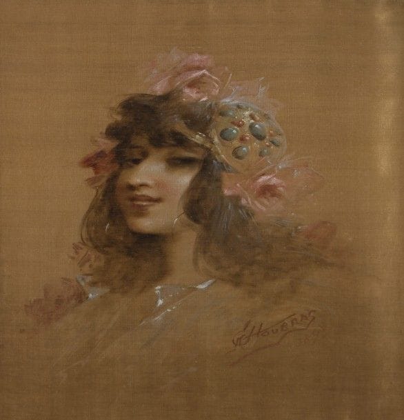 Alfred CHOUBRAC (1853-1902)
Profil de femme, 1892
Huile sur soie.
Signée et datée en bas à droite.
58 x 43 cm