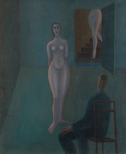 Camille CLAUS (1920-2005)
Le Jugement de Paris, 1957
Huile sur toile.
Monogrammée et datée en bas à gauche.
Signée, datée et titrée au dos sur le châssis.
73 x 60 cm