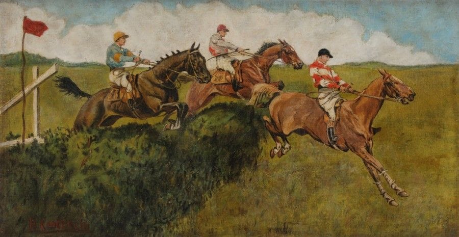 H. CONTENCIN (XXe siècle)
Le Saut de haie
Huile sur toile.
Signée en bas à gauche.
(Rentoilage et restaurations).
38 x 73 cm