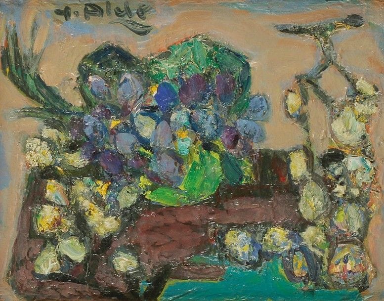 Yvette ALDE (1911-1967)
Raisins et violettes, 1960
Huile sur toile.
Signée en haut à gauche.
Signée, datée et titrée au dos.
19 x 24 cm