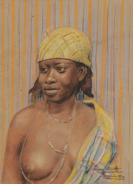 Georges CRÉTELLE (XIXe-XXe siècle)
Portrait de femme africaine, Brazzaville, 1930
Pastel.
Signé, daté et situé en bas à droite.
52 x 42 cm