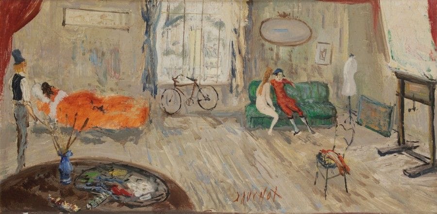 Gabriel DAUCHOT (1927-2005)
L’Atelier
Huile sur toile.
Signée en bas au milieu.
40 x 80 cm