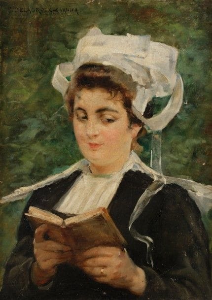 Pauline DELACROIX-GARNIER (1863-1912)
Portrait de bretonne en coiffe
Huile sur toile.
Signée en haut à gauche.
(Légers manques)
46 x 33 cm