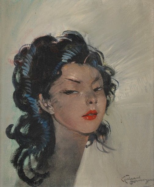 Jean-Gabriel DOMERGUE (1889-1962)
La Jeune indoue
Huile sur toile.
Signée en bas à droite.
Titrée au dos.
46 x 38 cm
L’œuvre figure dans les archives de l’artiste par Monsieur Noé Willer.