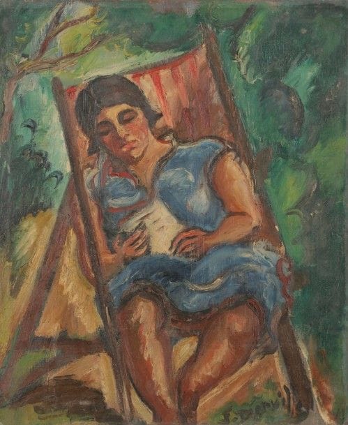 Jean DORVILLE (1902-1985)
Femme assise sur un transat
Huile sur toile.
Signée en bas à droite.
55 x 46 cm