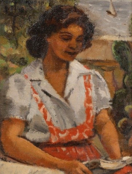François EBERL (1887-1962)
La Liseuse, 1946
Huile sur toile.
Signée et datée en haut à gauche.
35 x 27 cm
Ce portrait est celui de Béatrice Eberl, deuxième femme de l’artiste, lisant sur la terrasse de leur maison à Monaco.