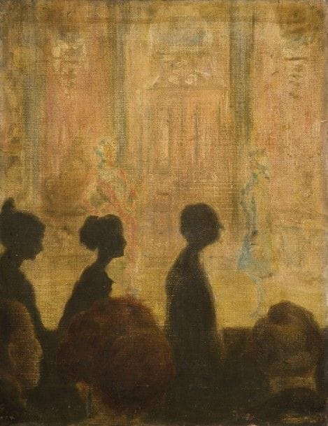 ÉCOLE FRANÇAISE vers 1900
Au théâtre
Huile sur toile.
Non signée.
(Petits accidents).
46 x 36 cm