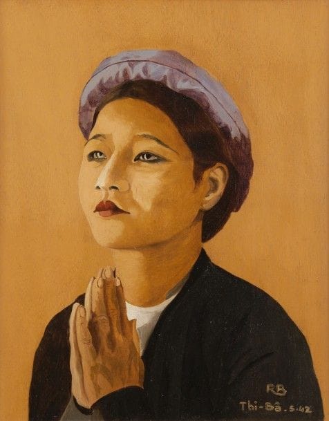 ÉCOLE INDOCHINOISE
Femme Thi-Bâ, 1942
Huile sur panneau.
Monogrammée, datée et annotée en bas à droite.
40 x 31.5 cm