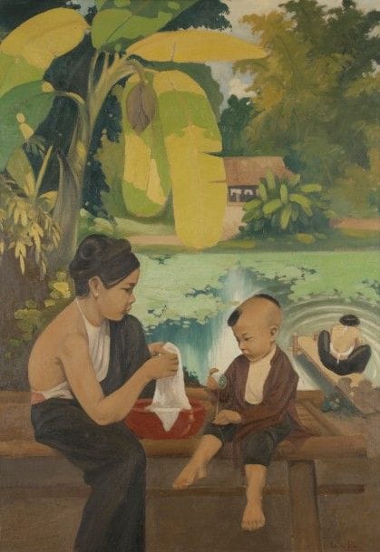 ÉCOLE TONKINOISE
Femmes et enfant
Huile sur toile.
Signée en bas à droite.
119 x 84 cm