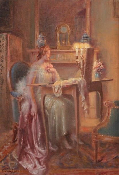Delphin ENJOLRAS (1857-1945)
Femme dans un intérieur
Huile sur toile.
Signée en bas à gauche.
55 x 38 cm