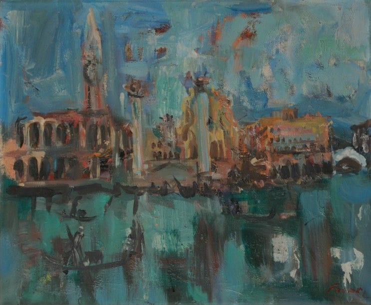 Isaac FRENKEL dit FRENEL (1899-1981)
Venise, 1959
Huile sur toile.
Signée en bas à droite.
Signée, datée et titrée au dos sur le châssis.
46 x 55 cm