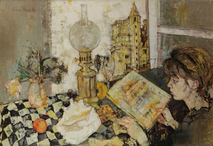 Françoise ADNET (née en 1924)
Femme lisant dans un intérieur
Huile sur panneau.
Signée et datée en haut à gauche.
89 x 130 cm