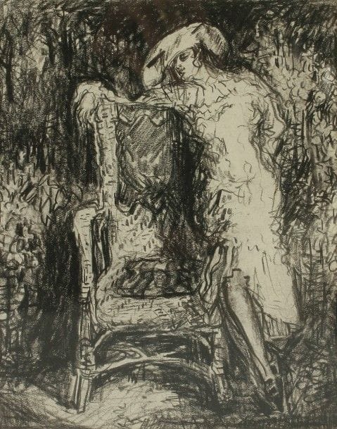 Louise HERVIEU (1878-1954)
Femme au fauteuil d’osier
Dessin au fusain.
16 x 12.5 cm