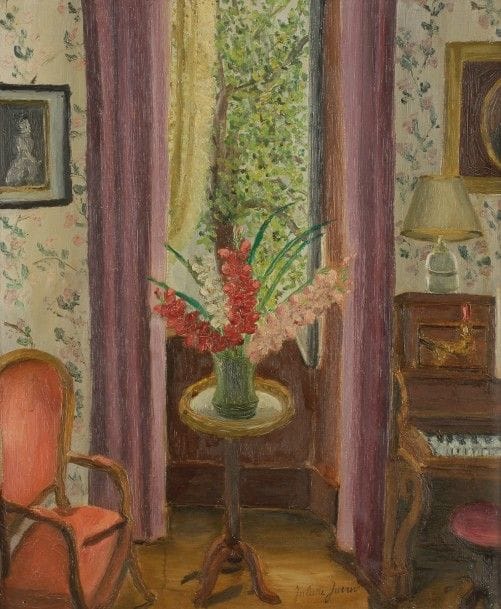 Juliette JUVIN (1896-?)
Intérieur au guéridon, 1956
Huile sur toile.
Signée en bas vers la droite.
Signée et datée au dos.
46 x 38 cm