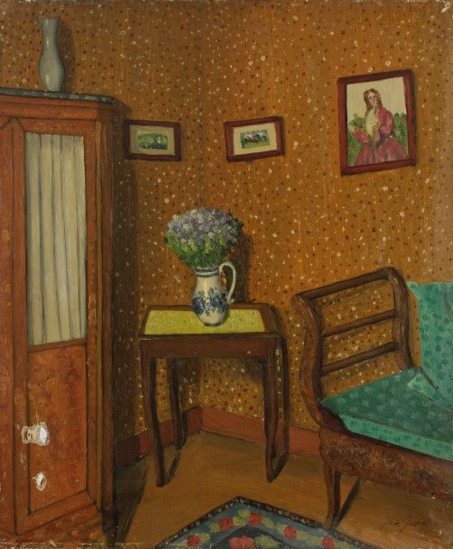 Juliette JUVIN (1896-?)
Intérieur au bouquet bleu, 1931
Huile sur toile.
Signée et datée en bas à droite.
(Accidents).
55 x 46 cm