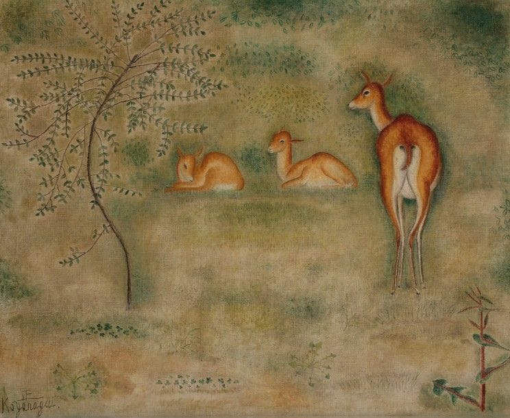 Sei KOYANAGUI [japonais] (1896-1948)
Biches
Huile sur toile.
Signée en bas à gauche.
60 x 73 cm