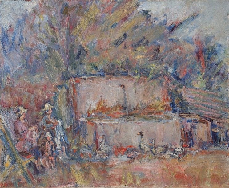 Paul KRON (1869-1936)
Familles et oies à la fontaine, 1927
Huile sur toile.
Signée et datée en bas à gauche.
60 x 73 cm