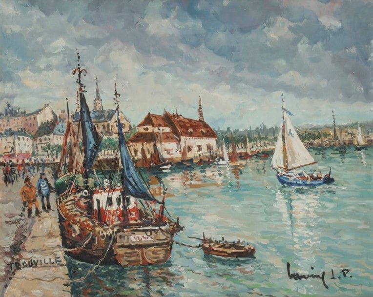 Robert L. P. LAVOINE (1916-1999)
Trouville, le port
Huile sur toile.
Signée et située.
Signée et titrée au dos.
50 x 61 cm