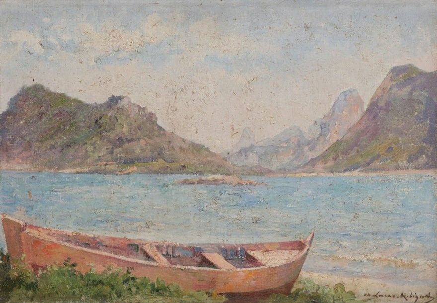 Marie Aimée LUCAS-ROBIQUET (1858-1959)
Barque au bord de l’eau
Huile sur toile.
Signée en bas à droite.
36 x 51 cm
