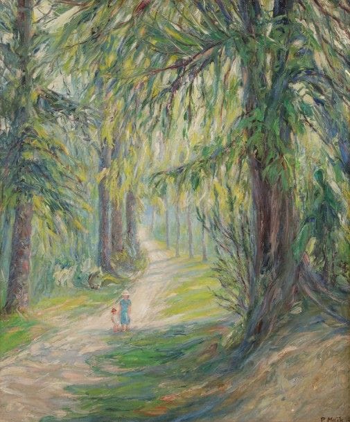 Paul MAÏK (1894-1985)
Femme et enfant dans le bois de Meudon, 1950
Huile sur panneau.
Signée et datée en bas à droite.
Signée, datée et située au dos.
55 x 46 cm