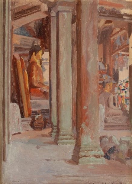 François-Marie-Léon de MARLIAVE 
(1874-1953)
Cambodge, intérieur de temple
Huile sur carton.
Signée en bas à droite.
33 x 25 cm