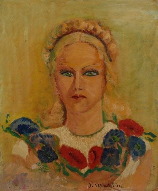 Isaac MINTCHINE (1900-1941)
Portrait de femme ukrainienne
Huile sur panneau.
Signée en pied.
(Usures sur les bords).
54 x 46 cm